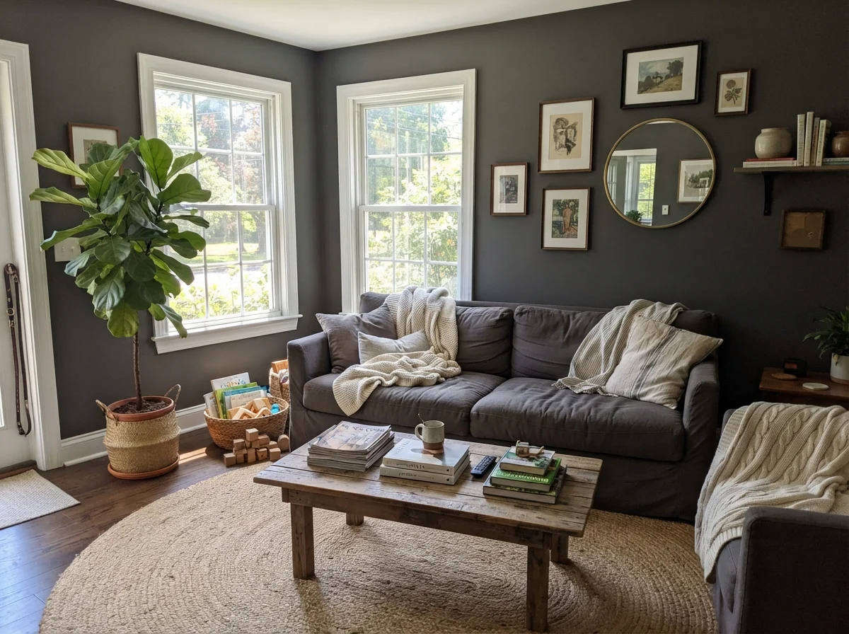 Sunlit living room with Iron Mountain walls and linen sofa.