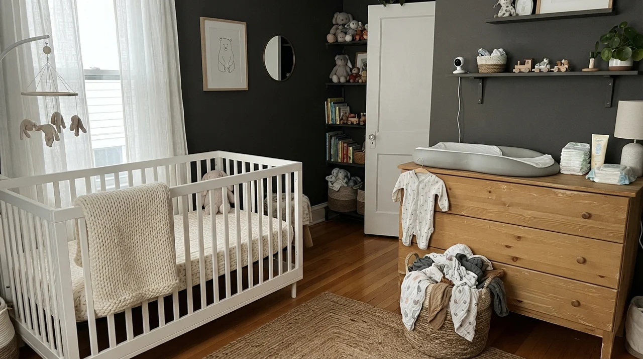 Nursery with painted dark walls, white crib, and light wood dresser.