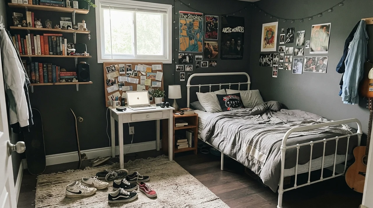 Teenager bedroom with Iron Mountain painted walls and white metal bed.