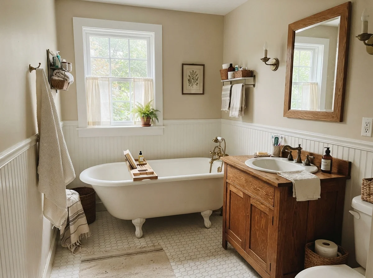 Cottage bathroom with clawfoot tub, hex tile, oak vanity, and Manchester Tan walls