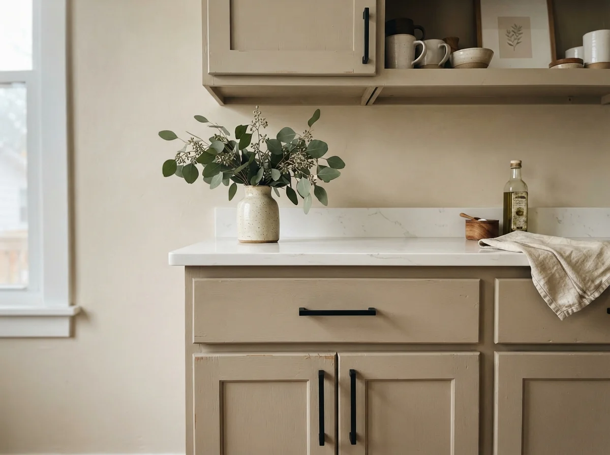 Close-up of Manchester Tan painted shaker cabinets with matte black handles and quartz counters