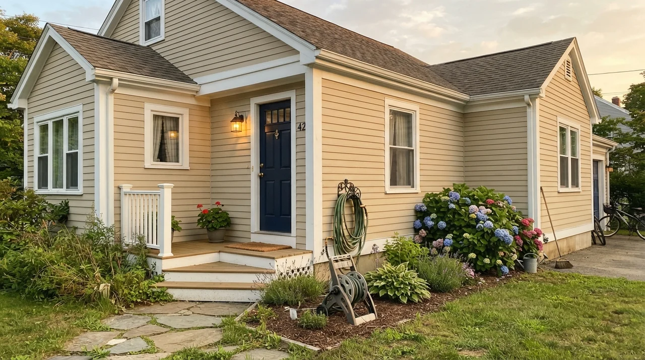 House exterior with Manchester Tan horizontal siding, white trim, and a dark navy front door