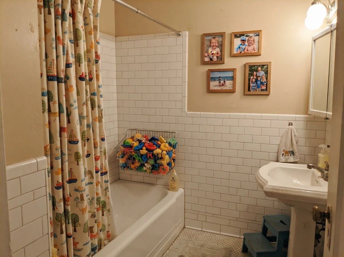 Kids bathroom with subway tile wainscot, colorful toys, and Manchester Tan upper walls
