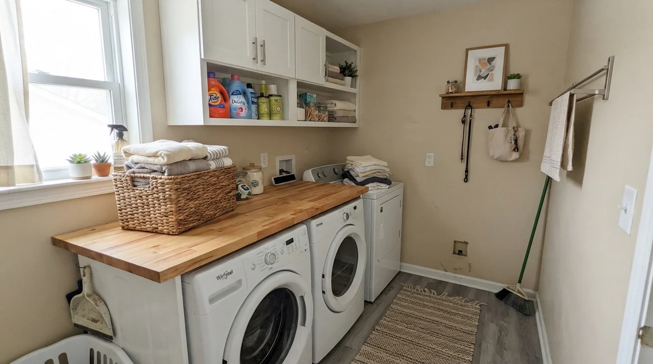 Bright laundry room with Manchester Tan walls, butcher block counters, and white cabinets