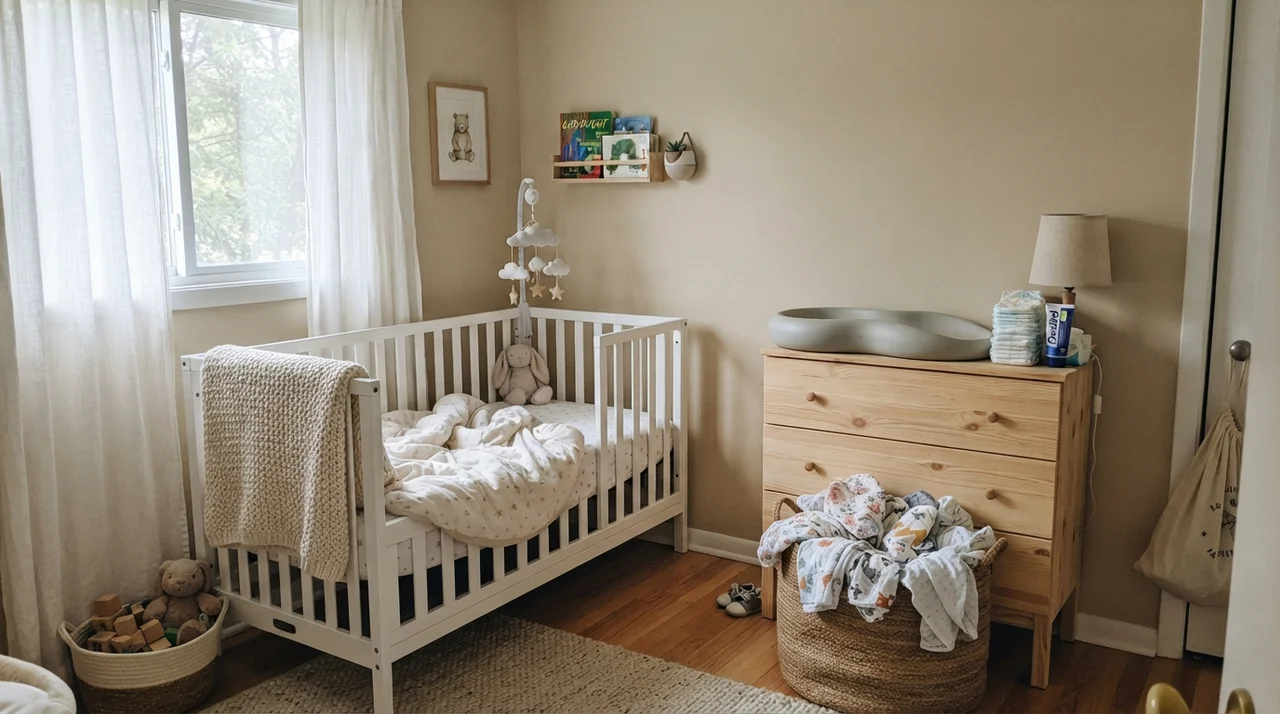 Nursery with Manchester Tan walls, white crib, light wood dresser, and woven basket