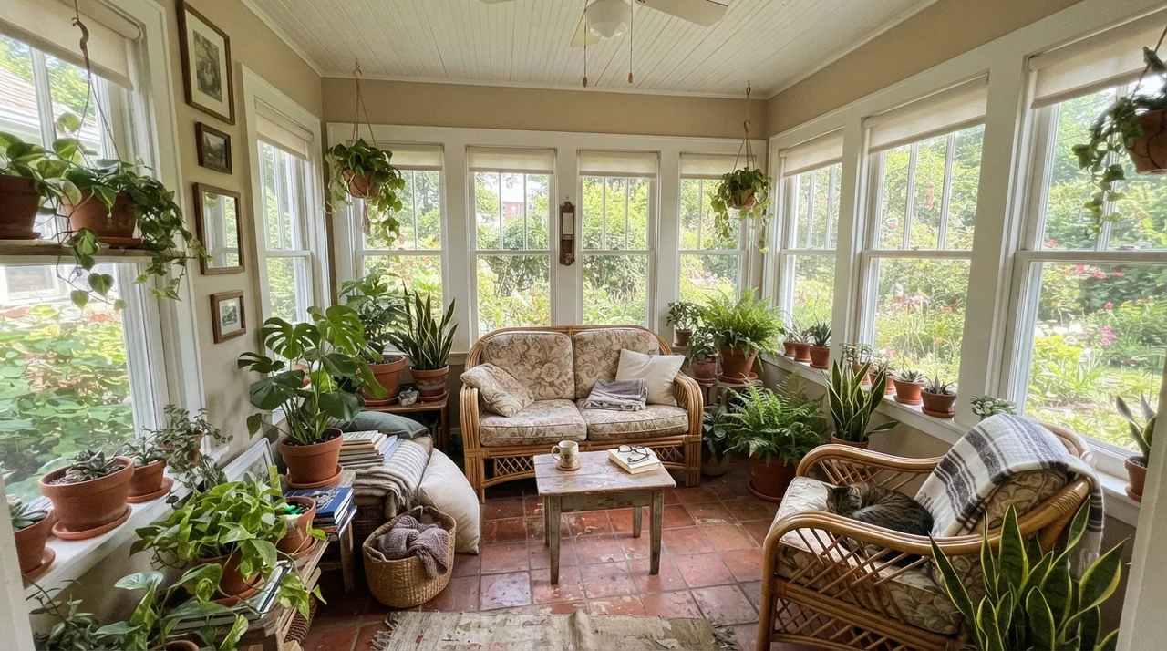 Bright sunroom with rattan furniture, terracotta pots, white window frames, and Manchester Tan walls