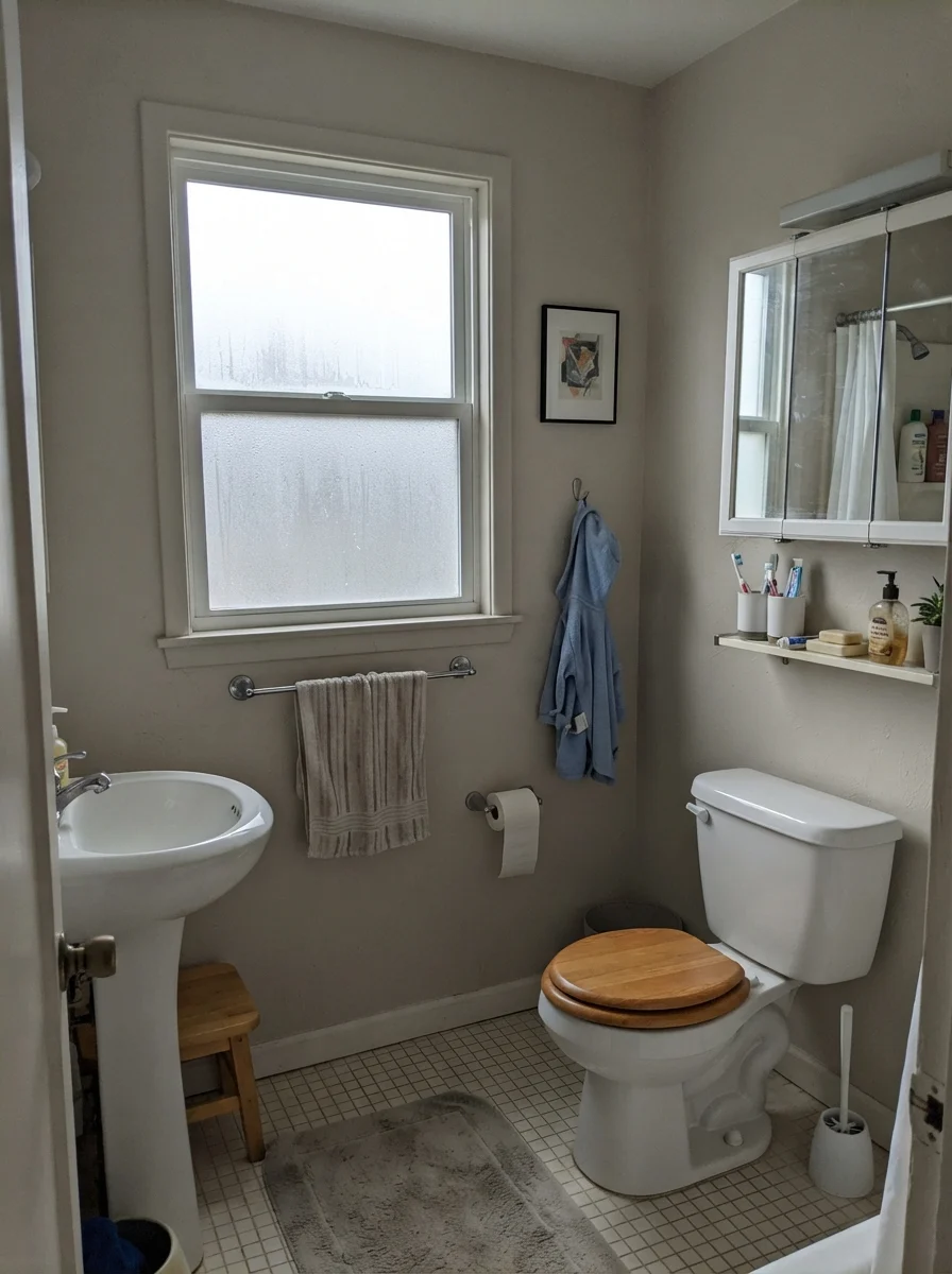 Small bathroom with Natural Cream walls appearing muted and gray under overcast daylight.