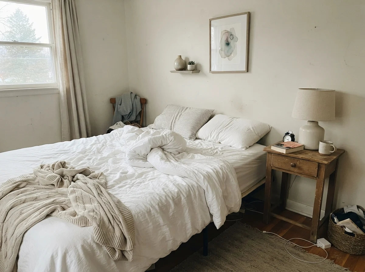 Simple bedroom with Natural Cream walls looking pale in early morning daylight with wood nightstand and white bedding.
