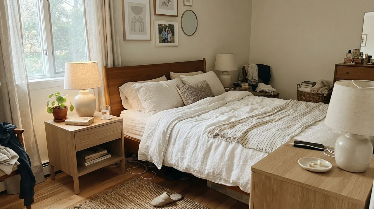 Main bedroom with Natural Cream walls, pale oak nightstands, white linen bedding, and ceramic lamps.
