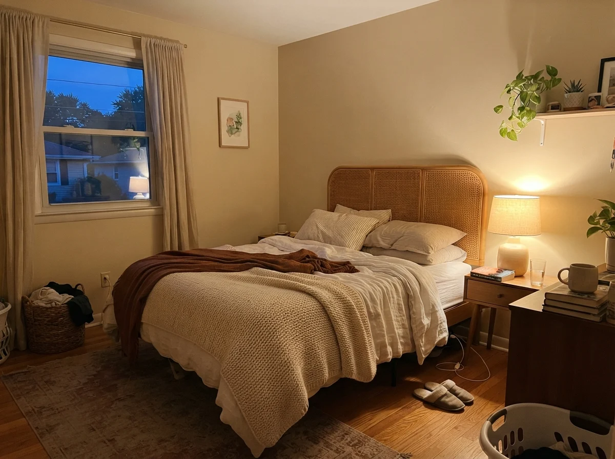 Bedroom with Benjamin Moore Natural Cream walls glowing under a warm table lamp beside a cane headboard at dusk.