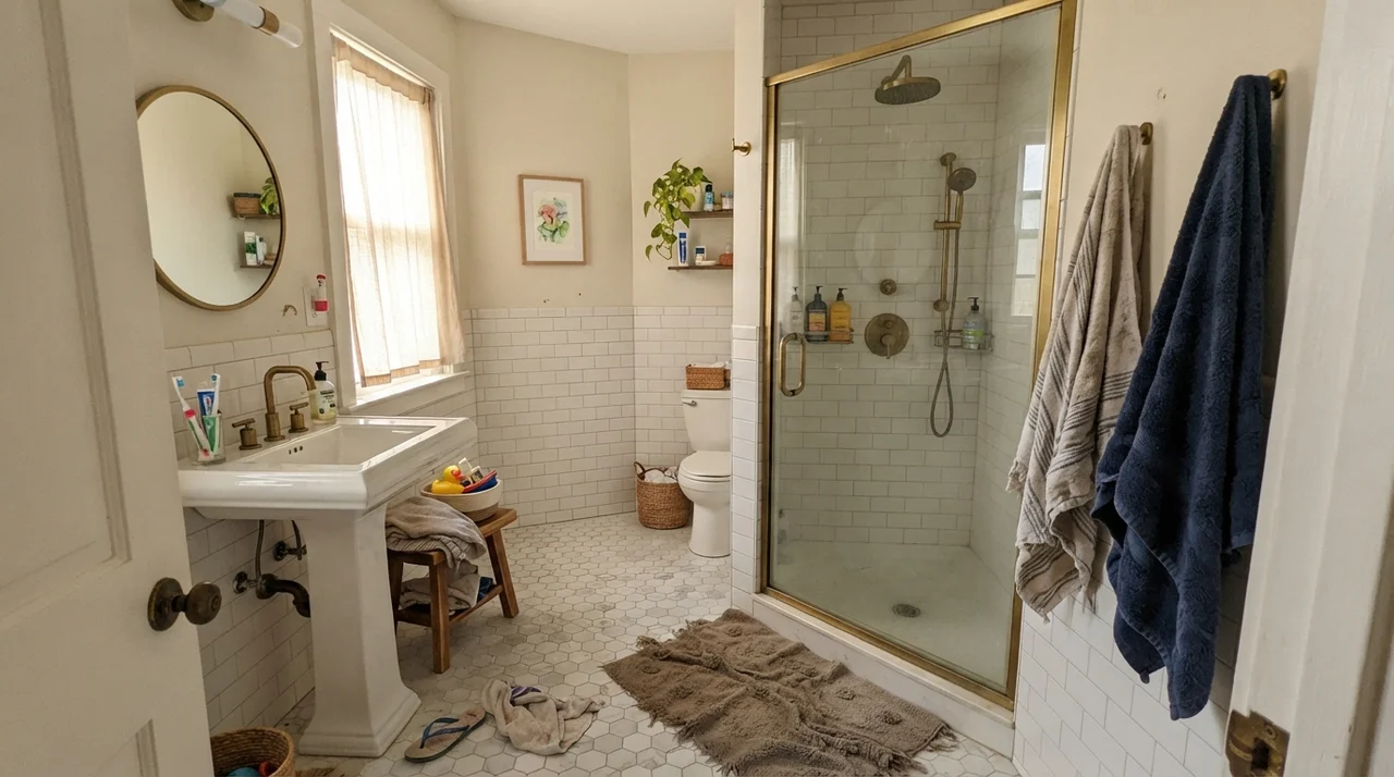 Family bathroom with upper walls painted in Benjamin Moore Natural Cream above white subway tile wainscot with brass shower fixtures and towels on hooks.