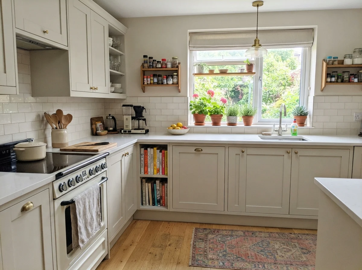Kitchen with shaker cabinets painted in Benjamin Moore Natural Cream, white subway tile backsplash, and light oak floor.