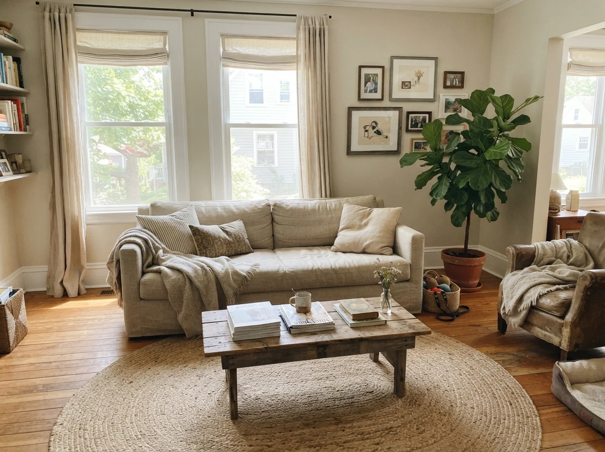 Living room with walls painted Natural Cream, linen couch, jute rug, and wooden coffee table in sun.