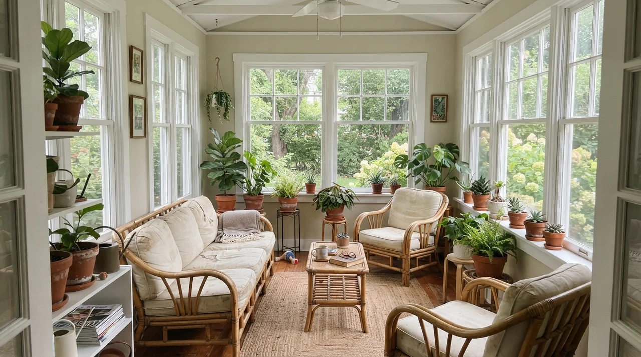Bright sunroom with Natural Cream walls between white windows, rattan furniture, and terracotta pots.