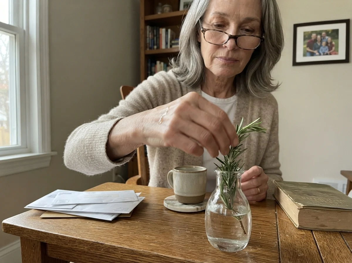 Susan Hartley placing rosemary in a bud vase against dining room walls painted in Benjamin Moore Natural Cream.