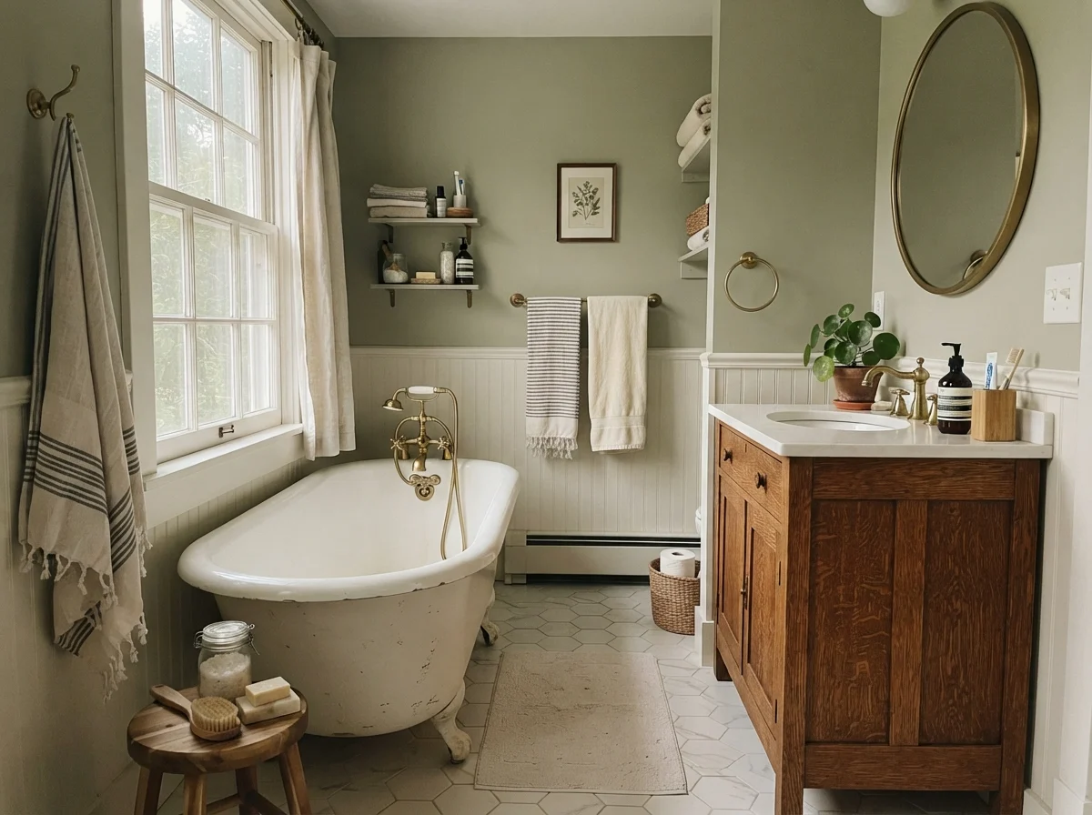 Cottage bathroom with white clawfoot tub and October Mist walls
