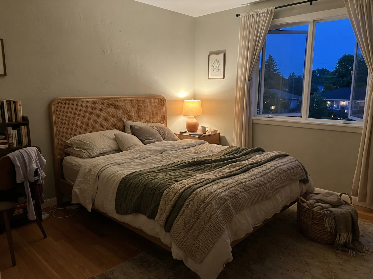 Simple bedroom at dusk with warm table lamp glow on October Mist walls