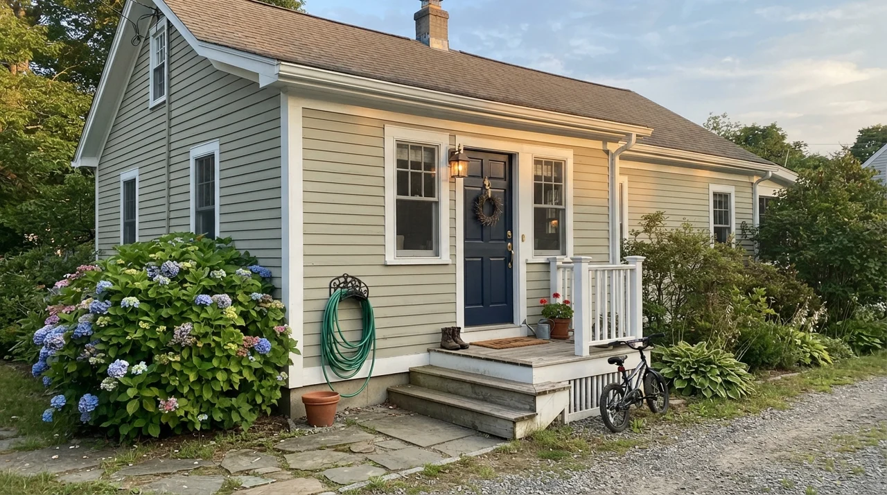 House exterior with October Mist horizontal siding, white trim, and navy front door