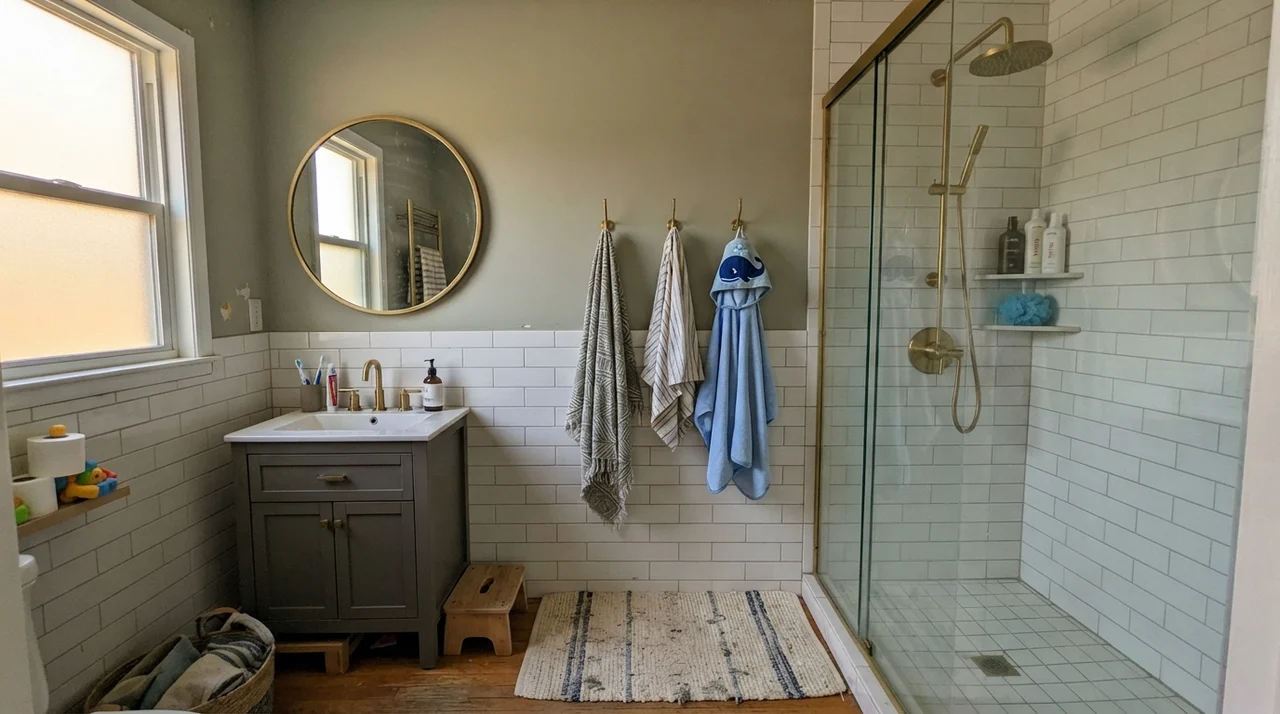 Family bathroom with October Mist upper walls and white subway tile wainscot