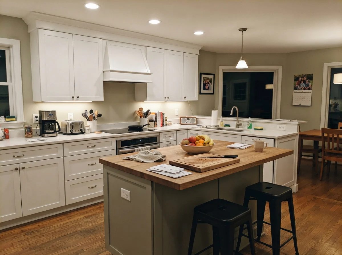 Kitchen island painted October Mist surrounded by white cabinets and warm lighting