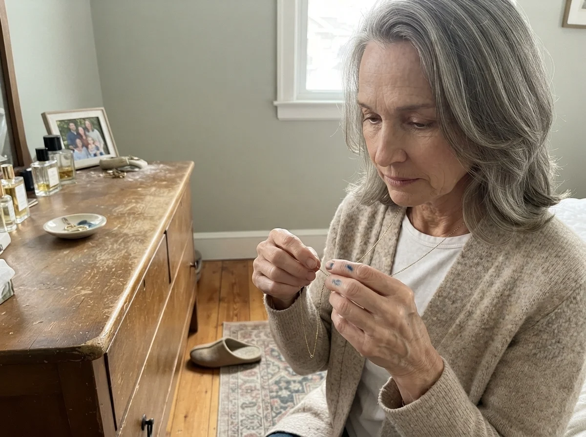 Susan untangling a gold necklace in a bedroom with October Mist walls