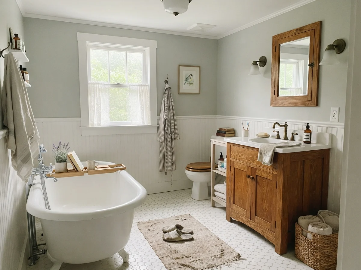 Cottage bathroom with white clawfoot tub, hex tile floor, warm oak vanity, and painted walls.