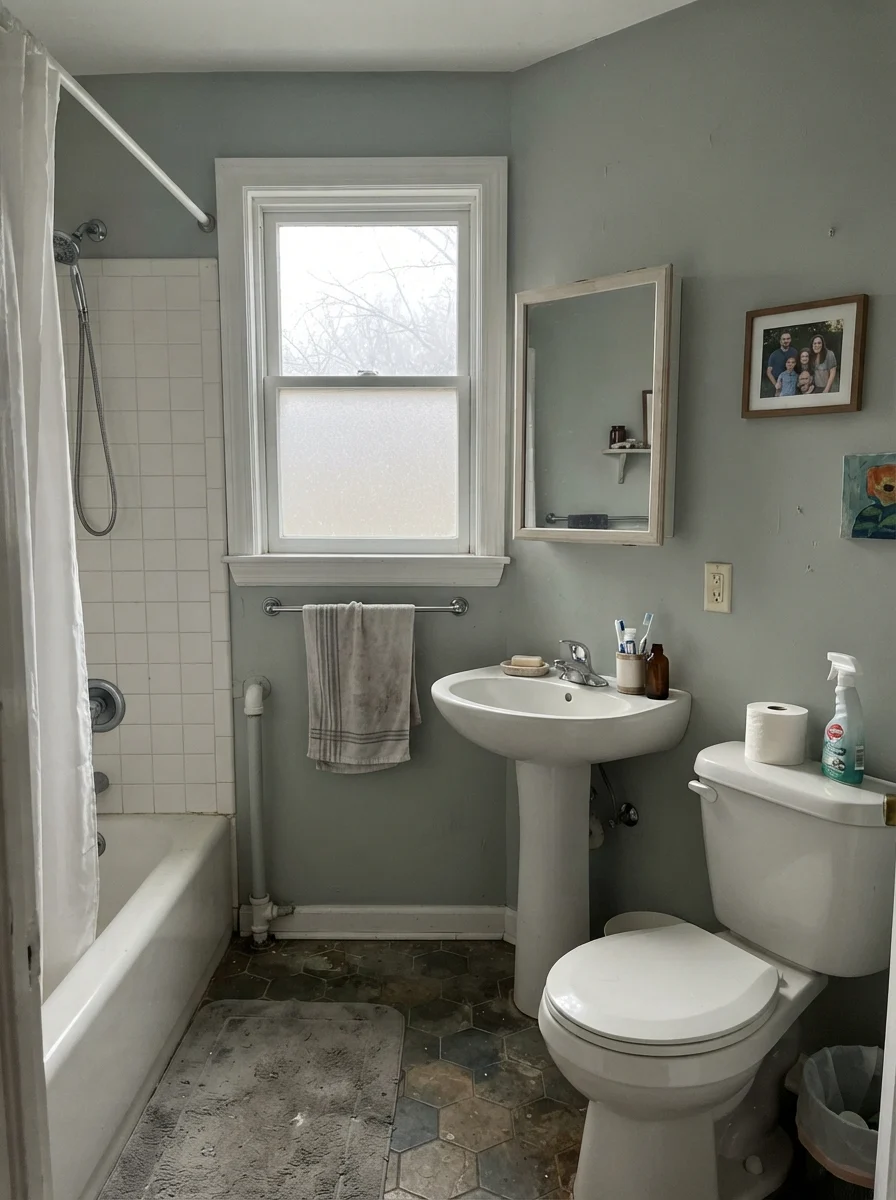Small bathroom with painted walls reading muted and gray in flat light, with white fixtures.