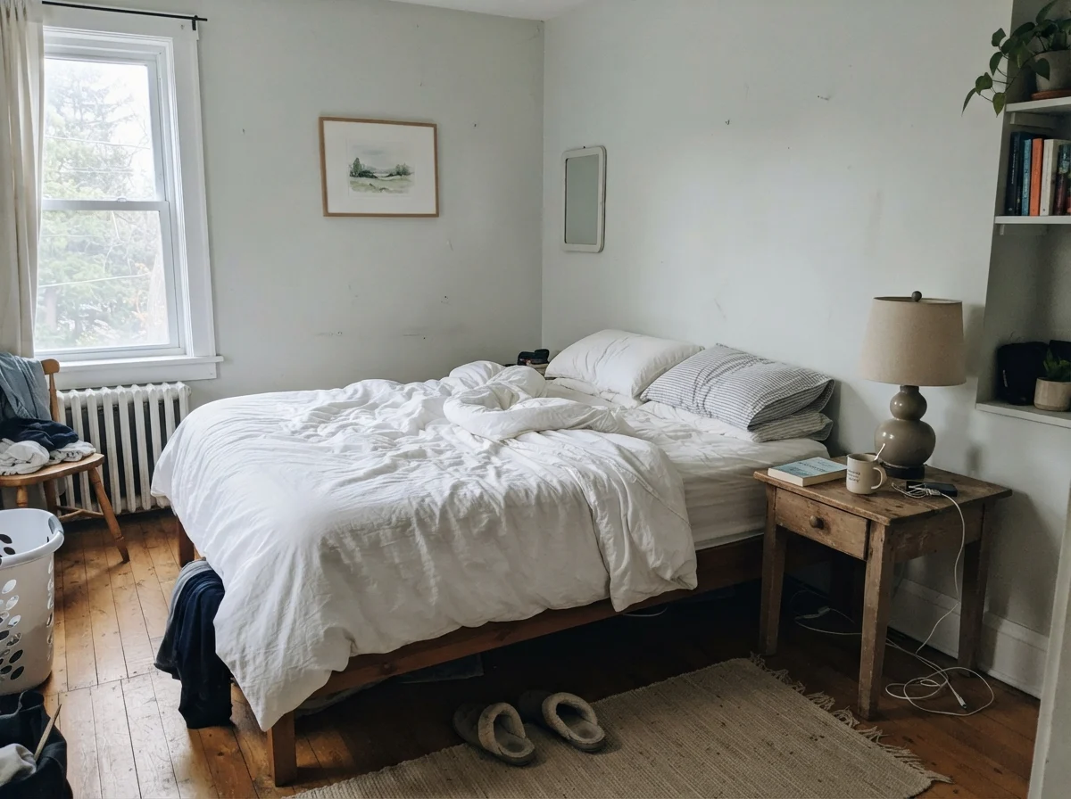 Simple bedroom with unmade white bedding, wood nightstand with lamp off, and pale painted walls in morning light.