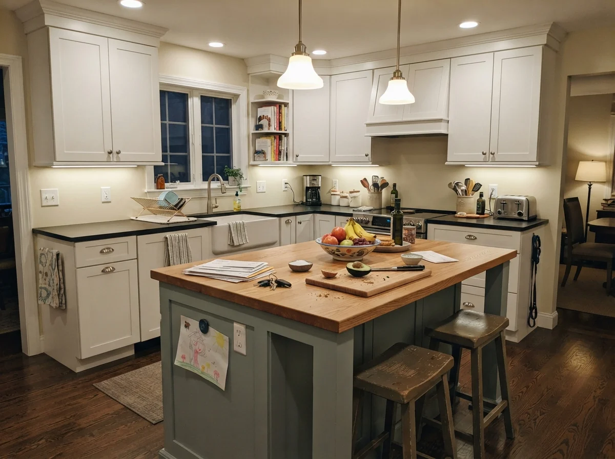 Family kitchen with painted island, surrounding white cabinets, cream walls, cutting board, and fruit bowl.
