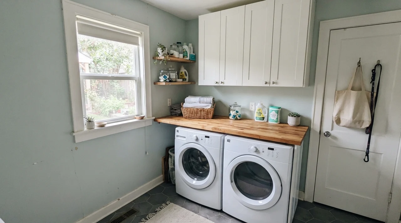 Bright laundry room with painted walls, white cabinets, butcher-block counter, and folded towels.
