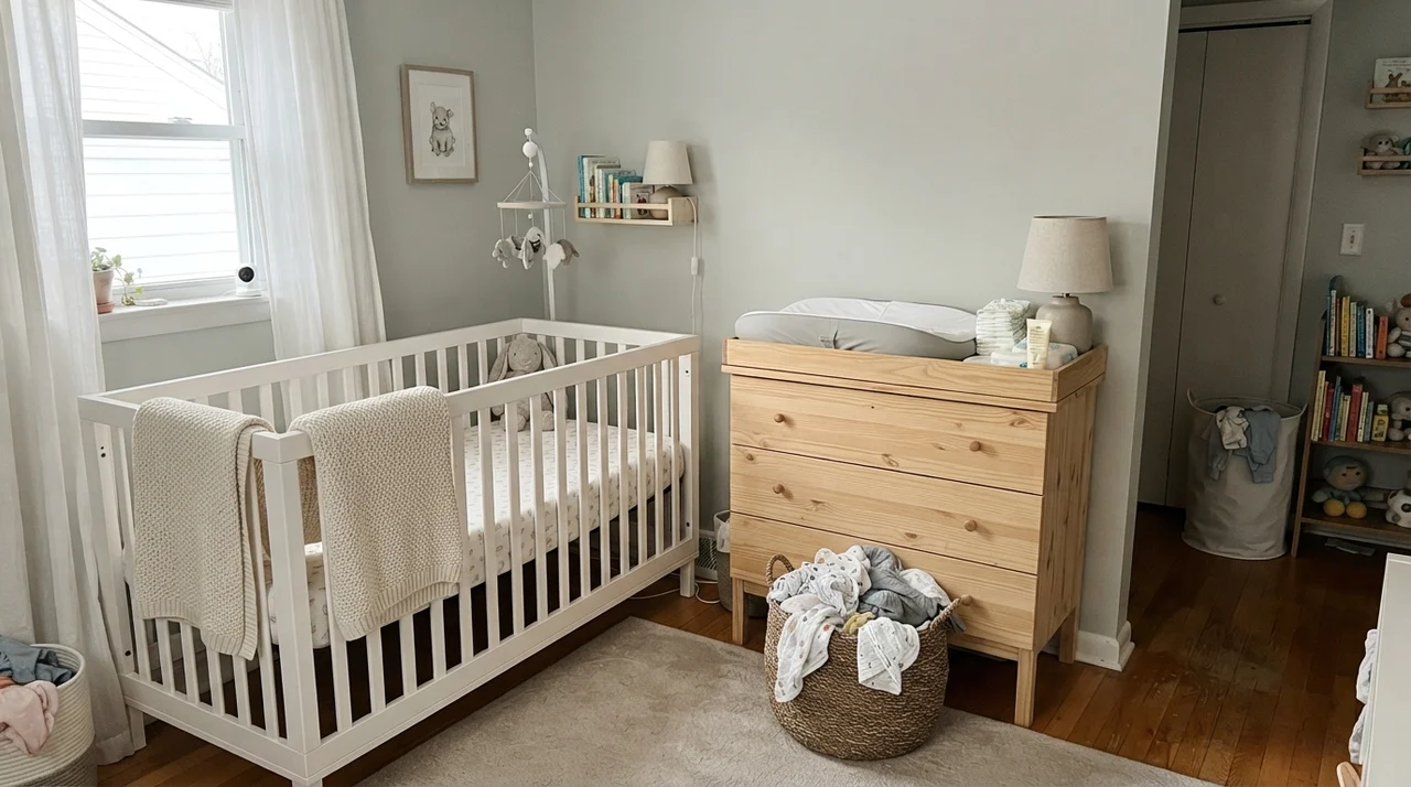 Nursery with painted walls, white crib with knit blanket, light-wood dresser, and woven basket.