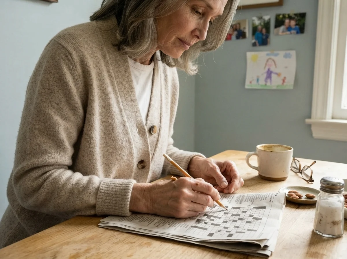 Susan sitting at a sunlit breakfast nook table working on a crossword puzzle, surrounded by Quiet Moments walls.