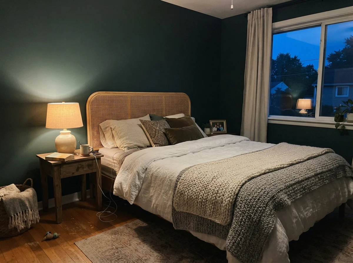 Cozy bedroom with rattan headboard, warm lamplight glowing against Benjamin Moore Salamander walls at dusk.