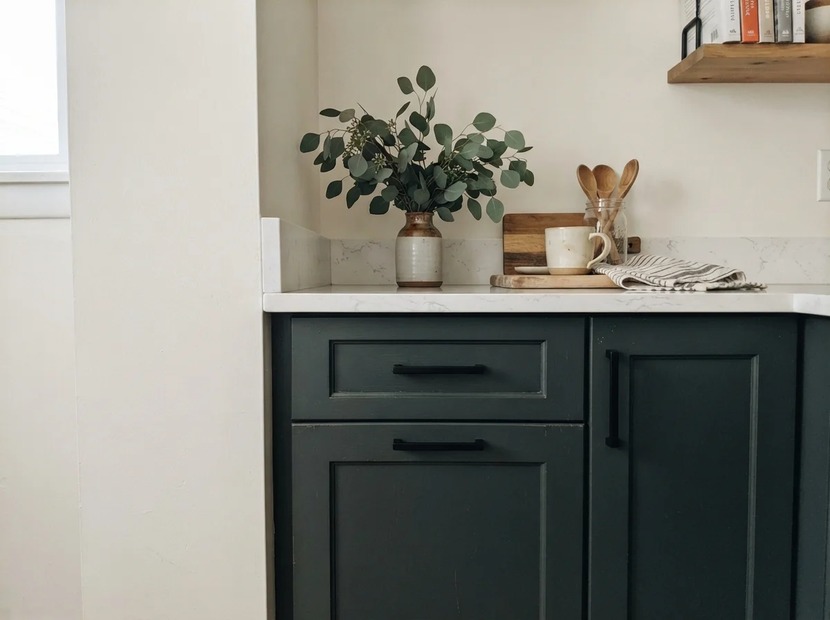 Close-up of Salamander shaker cabinets, matte black pulls, and white quartz countertop.