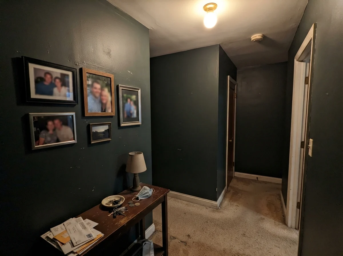 Windowless dim hallway corner where Benjamin Moore Salamander looks flat, muddy, and lifeless.