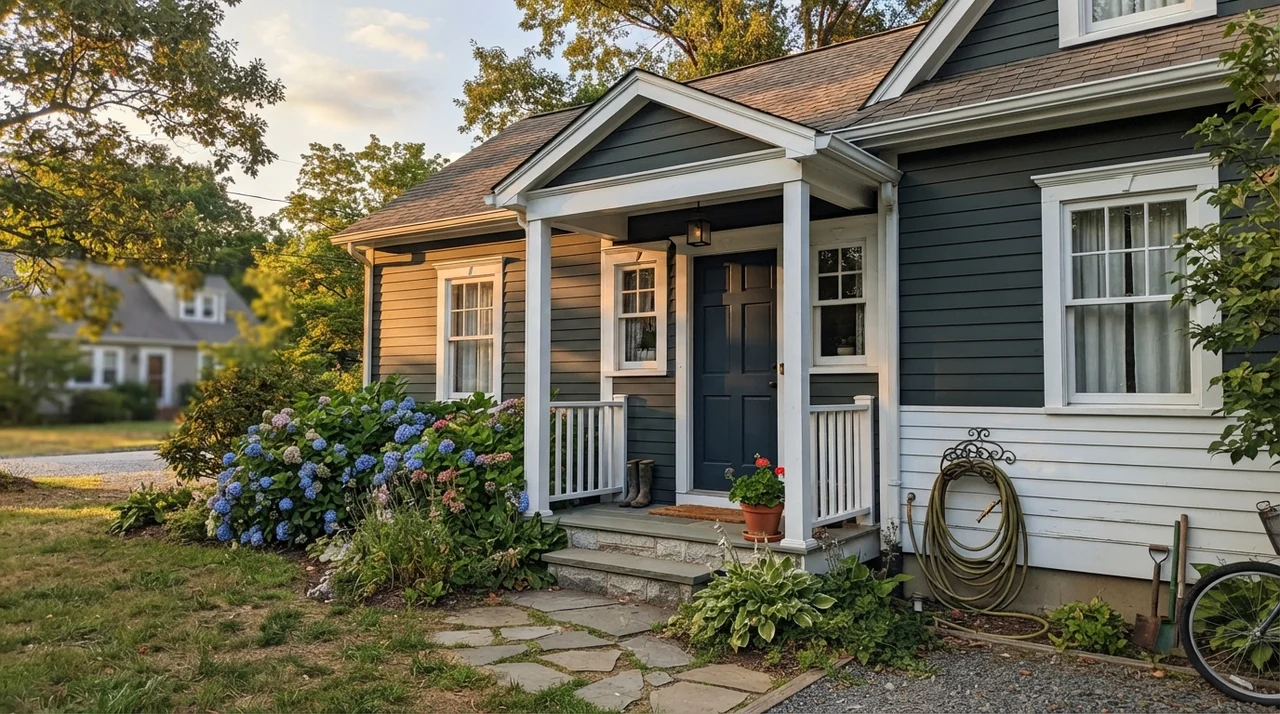 House exterior with horizontal siding in Benjamin Moore Salamander, white trim, and hydrangeas.