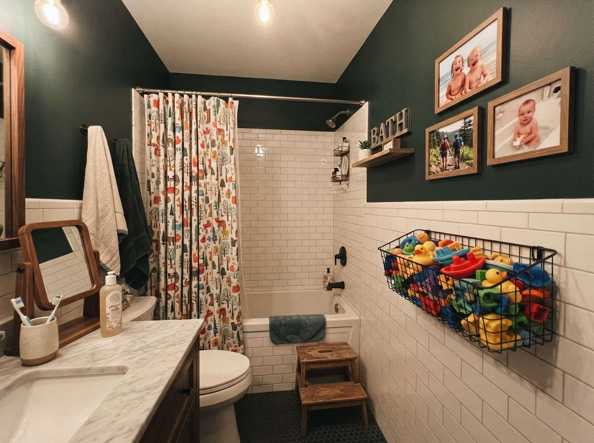 Kids' bathroom with Salamander walls, white subway tile, and bright bath toys.