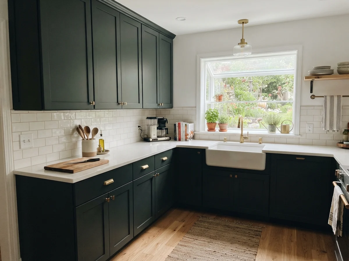 Kitchen shaker cabinets painted Benjamin Moore Salamander with white backsplash counters and light oak floors.