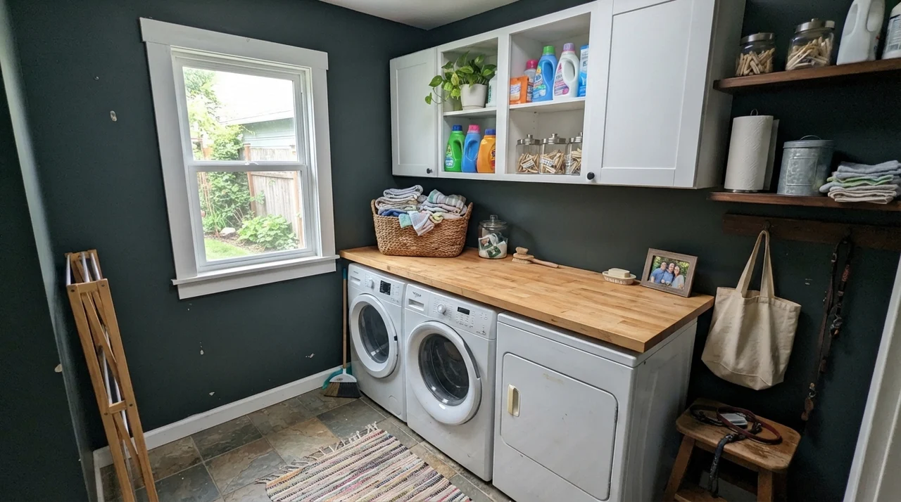 Bright laundry room with Salamander painted walls, butcher block over white appliances, and white cabinets.