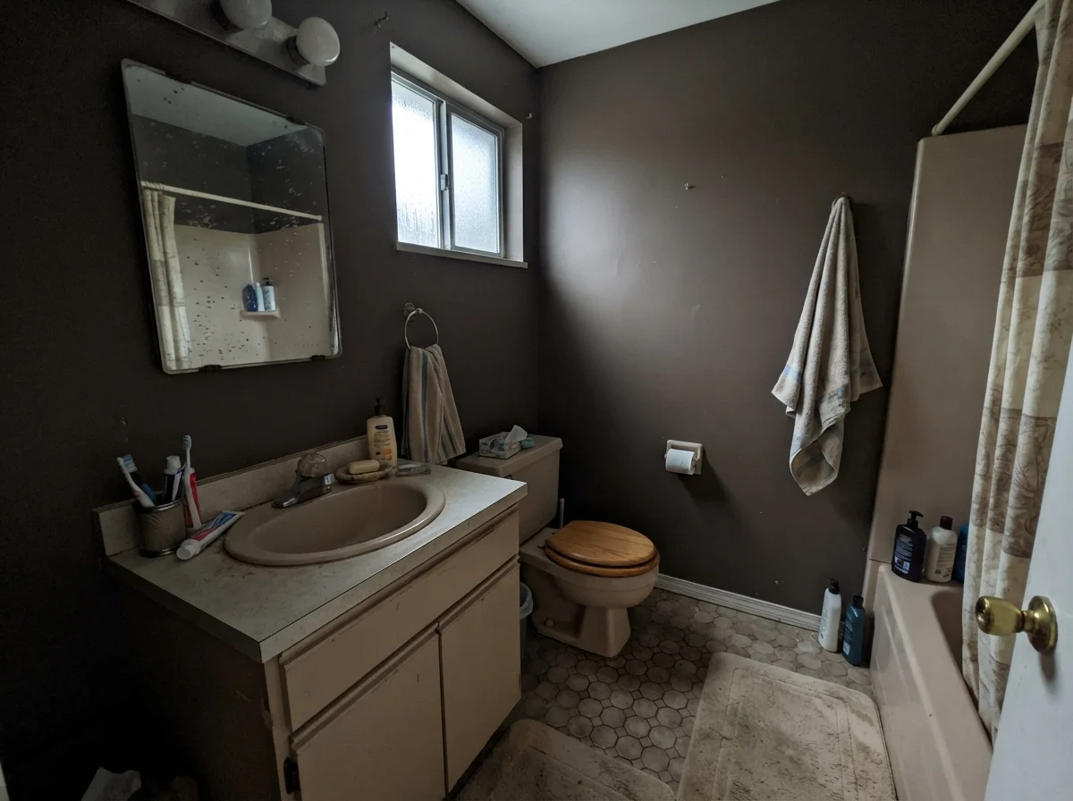 Dated bathroom with beige vanity, small window, and dark painted walls in rainy cool daylight.