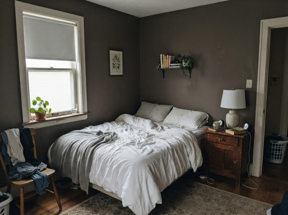Simple bedroom with unmade white bedding, dark walls in cool morning light, and wood nightstand.