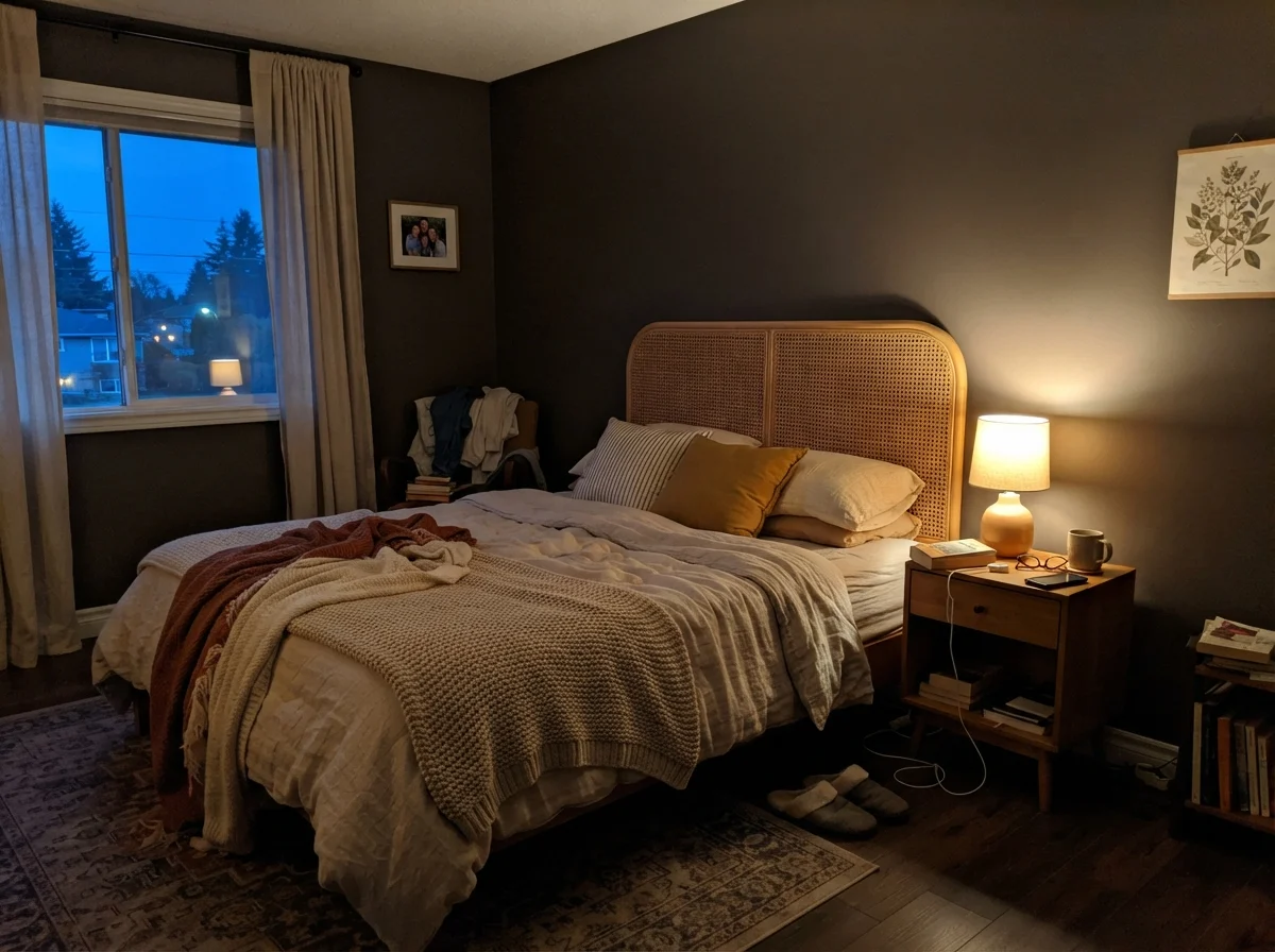 Bedroom with dark wall illuminated by a warm table lamp beside a cane headboard at dusk.