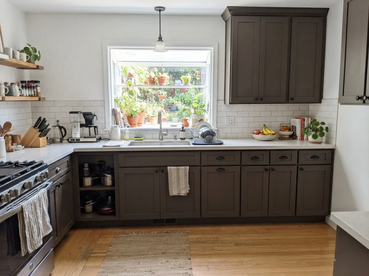 Kitchen shaker cabinets painted dark charcoal-brown with white subway tile and quartz countertops.