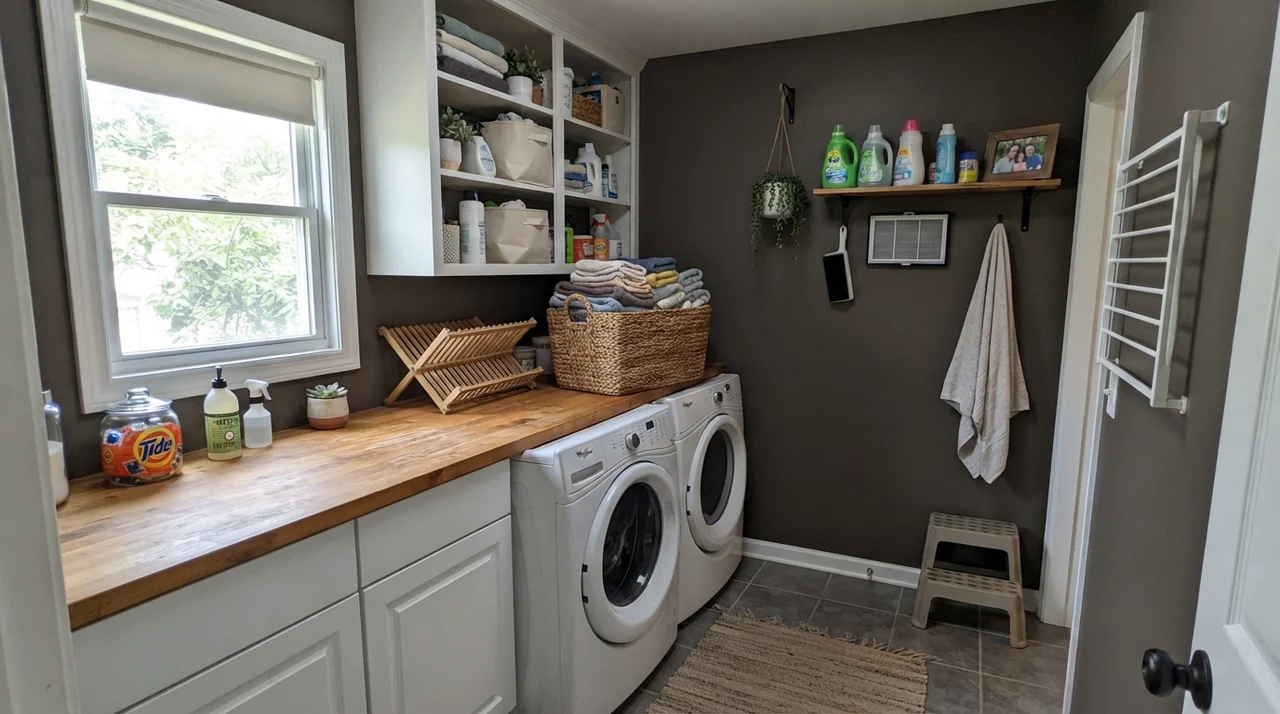 Small laundry room with dark walls, white cabinets, butcher block counter, washer, and dryer.
