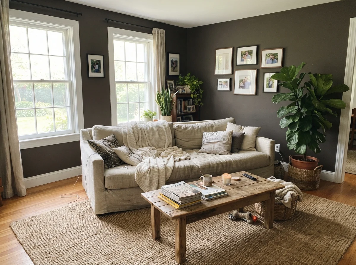 Living room with dark walls illuminated by generous window light, linen sofa, and wood coffee table.