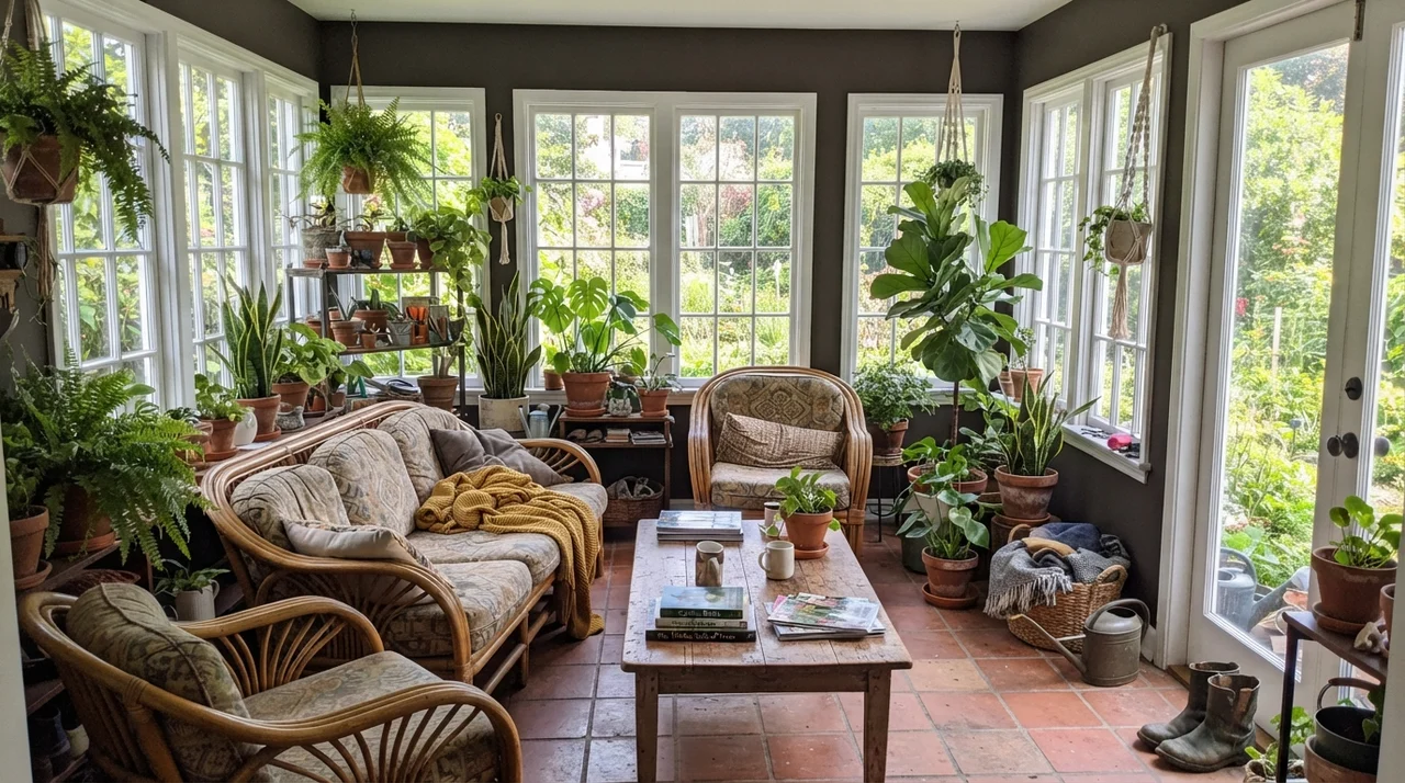 Sunroom with dark painted wall sections between large white windows, filled with houseplants and rattan furniture.