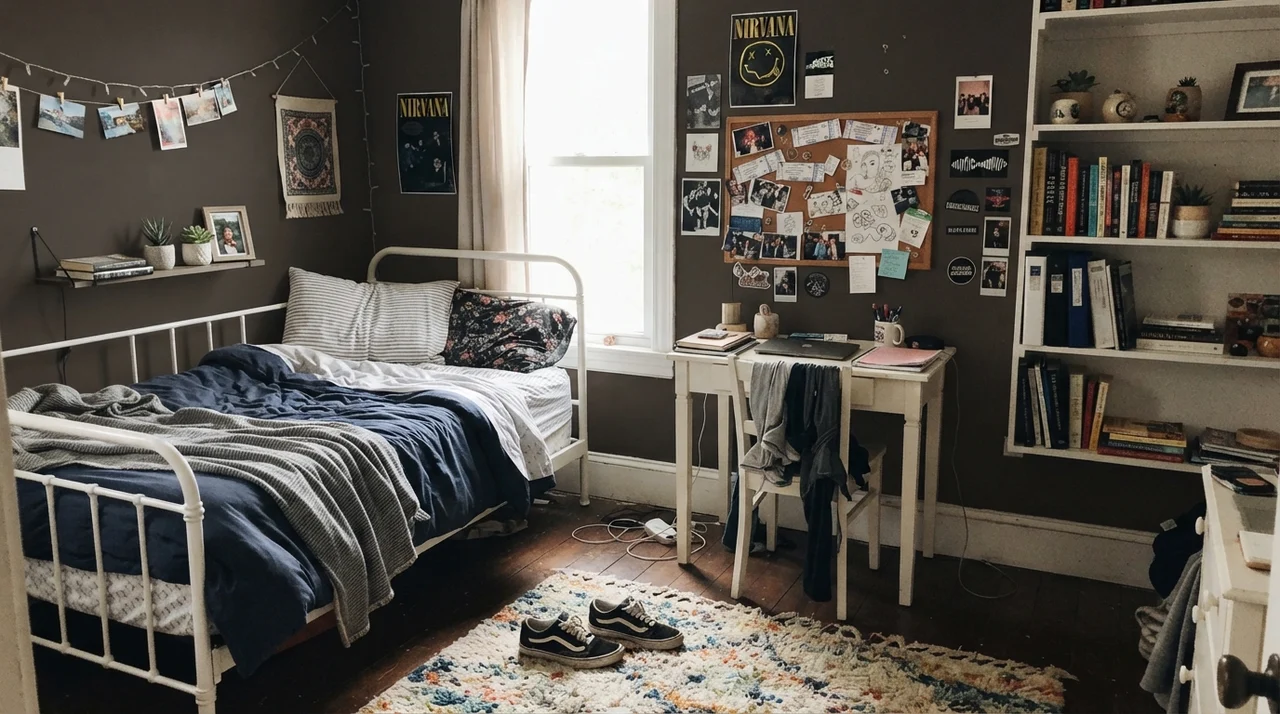Teenager bedroom with dark walls, white metal bed, white desk, corkboard, and open bookshelves.