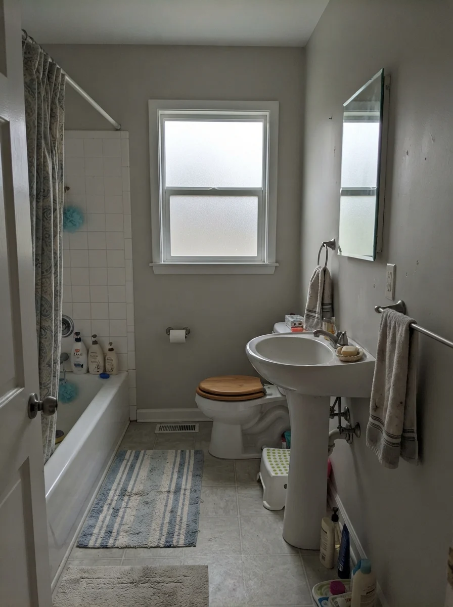 Small bathroom with painted walls looking gray under flat light from frosted window.