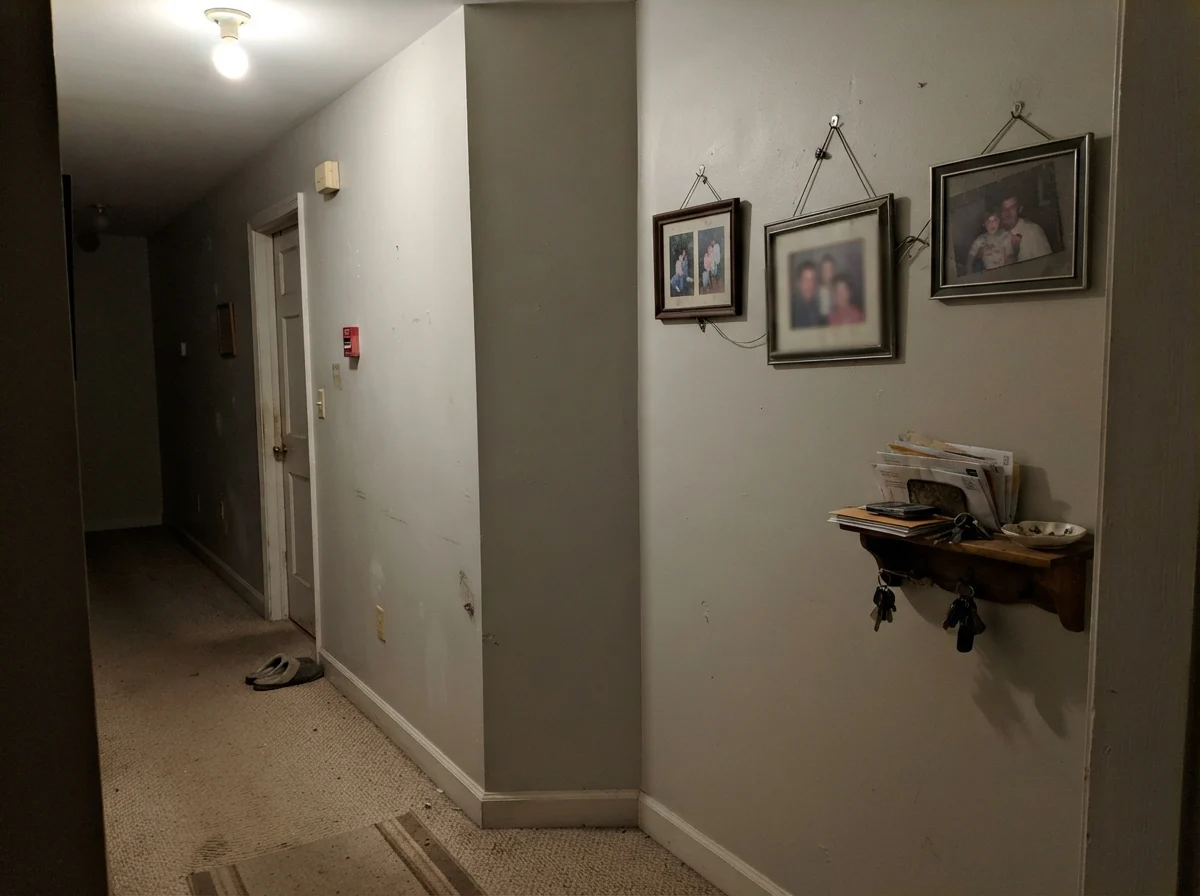 Dim hallway corner looking muddy and flat under single ceiling bulb.