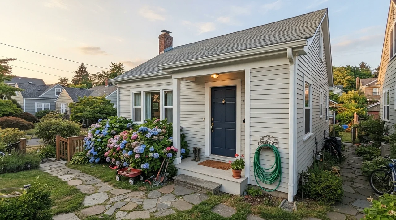 House exterior with Silver Satin siding, white trim, and dark navy front door.